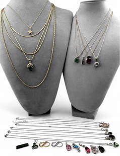 Lot Of Sterling Silver & Vermeil Jewelry: Lot Of Sterling Silver & Vermeil Jewelry, Many Semiprecious Stone Pieces, Including Moissanite, Topaz, Tourmaline & More, 107.5g. Pieces marked or test as sterling. Includes Necklaces, earrings,