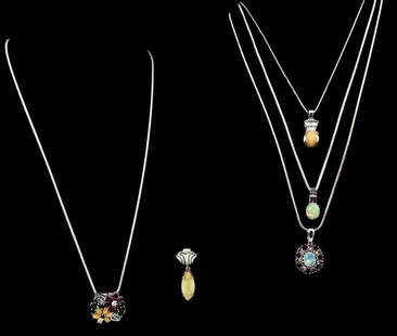 Sterling Silver Gem Set Necklaces & Pendant, Including Opal, Tourmaline & Topaz: Sterling Silver Gem Set Necklaces & Pendant, Including Opal, Tourmaline & White Topaz, 35.7g. Marked 925. Chain lengths approximately 18-20in. Largest pendant approximately 0.87 x 0.83in. Smallest