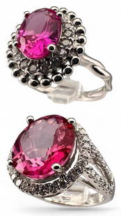 Sterling Silver Diamond, Pink Sapphire & Pink Topaz Rings: Sterling Silver Diamond, Pink Sapphire & Pink Topaz Rings, 7.4g. Marked 925. Sapphire Approximately 7.9 x 5.9mm. Pink topaz Approximately 12.0 x 10.0mm. Pink sapphire ring includes certificate.