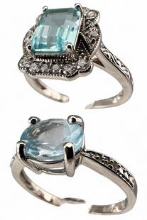 Sterling Silver Aquamarine, Blue Topaz & Diamond Rings: Sterling Silver Aquamarine, Blue Topaz & Diamond Rings, 4.8g. Marked 925. Aquamarine ring includes certificate. Aquamarine approximately 7.5 x 5.7mm. Swiss blue topaz approximately 7.8 x 5.8mm.