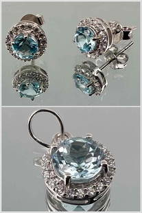 Sterling Silver Swiss Blue Topaz Earrings & Pendant: Sterling Silver Swiss Blue Topaz Earrings & Pendant, 2.9g. Earrings marked 925. Pendant unmarked, tests as sterling. Earrings approximately 8.0mm. Pendant approximately 10.0mm.