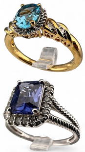 Two Sterling Silver Tanzanite, Blue Topaz & Diamond Rings: Two Sterling Silver Tanzanite, Blue Topaz & Diamond Rings, 7.4g. Tanzanite approximately 7.9 x 5.8mm. Topaz approximately 7.9 x 5.8mm. Approximate ring sizes 7 and 10.