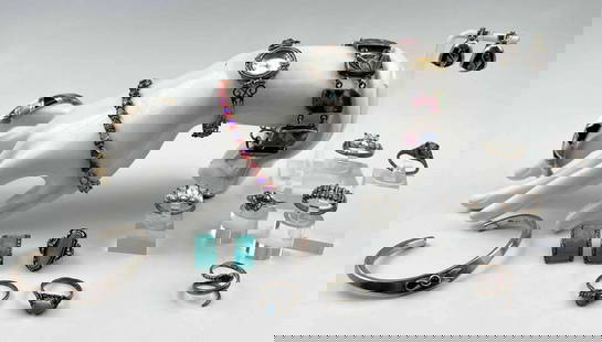 Lot Of Sterling Silver Jewelry, Many Gem Set Pieces: Lot Of Sterling Silver Jewelry, Many Gem Set Pieces, 162.0g. Weight excludes watch. Marked or test as sterling. Bracelet inner circumference approximately 7.0in. Approximate ring sizes 6- 8.