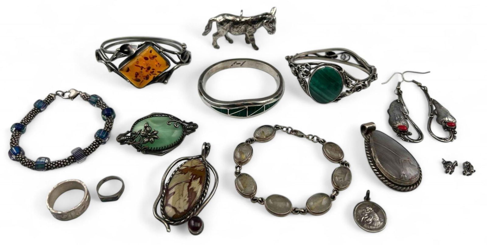 Grouping Of Vintage Sterling Silver Jewelry, Including Amber & Malachite (1 of 15)