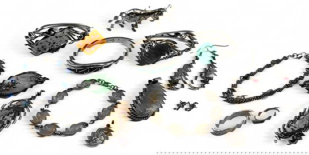 Grouping Of Vintage Sterling Silver Jewelry, Including Amber & Malachite: Grouping Of Vintage Sterling Silver Jewelry, Including Amber & Malachite, 244.5g. Marked or test as sterling. Inner circumference of amber bracelet approximately 7.0in. Inner circumference of