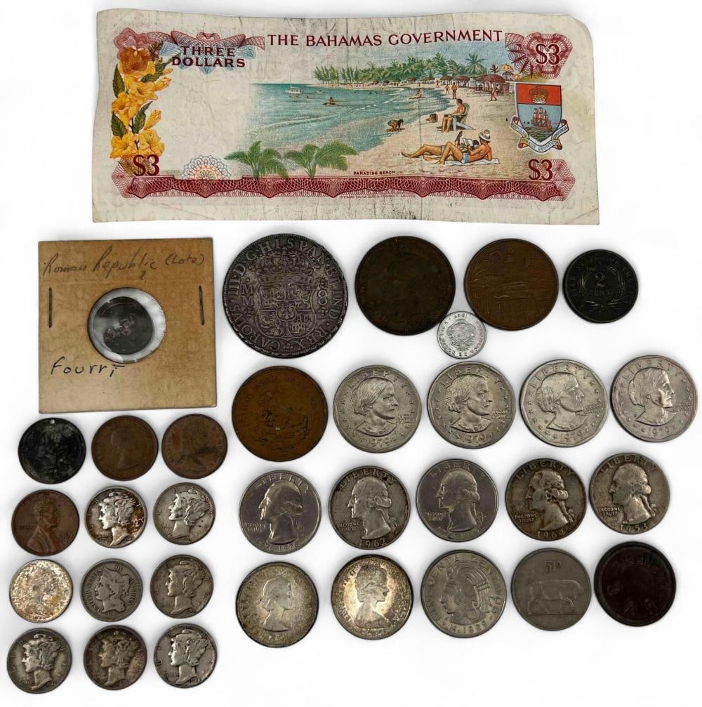 Lot Of Coins & Currency, Including Roman Coin (1 of 9)