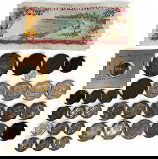 Lot Of Coins & Currency, Including Roman Coin: Lot Of Coins & Currency, Including Roman Coin, U.S. 1864 Two Cent Coin; 1868 Three Cent Coin; 1760 Spanish Colonial Coin (Replica); Mercury Dimes; and more.