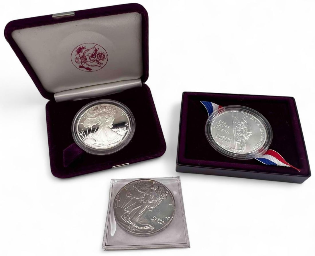 Two 1oz Proof American Eagle Silver Bullion Coins & Ben Franklin Firefighters Silver Medal (1 of 7)