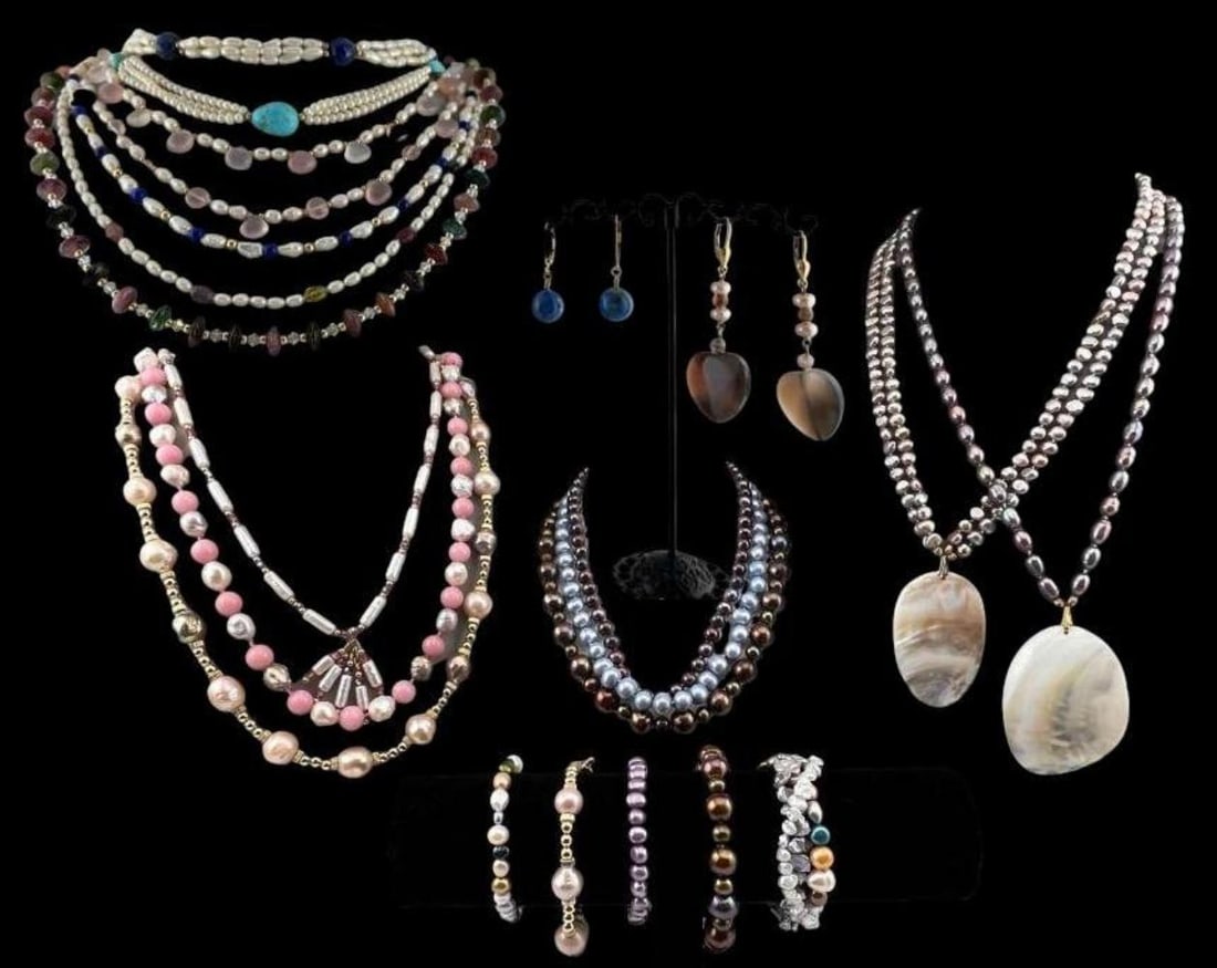 Lot Of Freshwater Pearl & Semiprecious Stone Jewelry, Some With 14K Mountings: Lot Of Freshwater Pearl & Semiprecious Stone Jewelry, Some With 14K Mountings. Longest strand approximately 25.0in. Bracelets approximately 6.0-8.25 in. Larger mother of pearl pendant approximately 2.