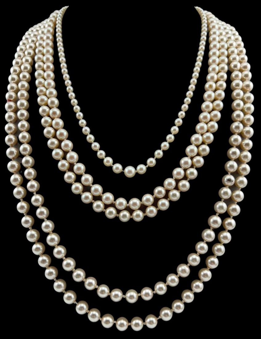 Four Pearl Necklaces: Four Pearl Necklaces. Longest approximately 60.0in. Shortest approximately 21.0in. Largest pearls approximately 8.2mm.