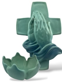 Van Briggle Prayer Hands Cross Art Pottery Plaque & Bowl