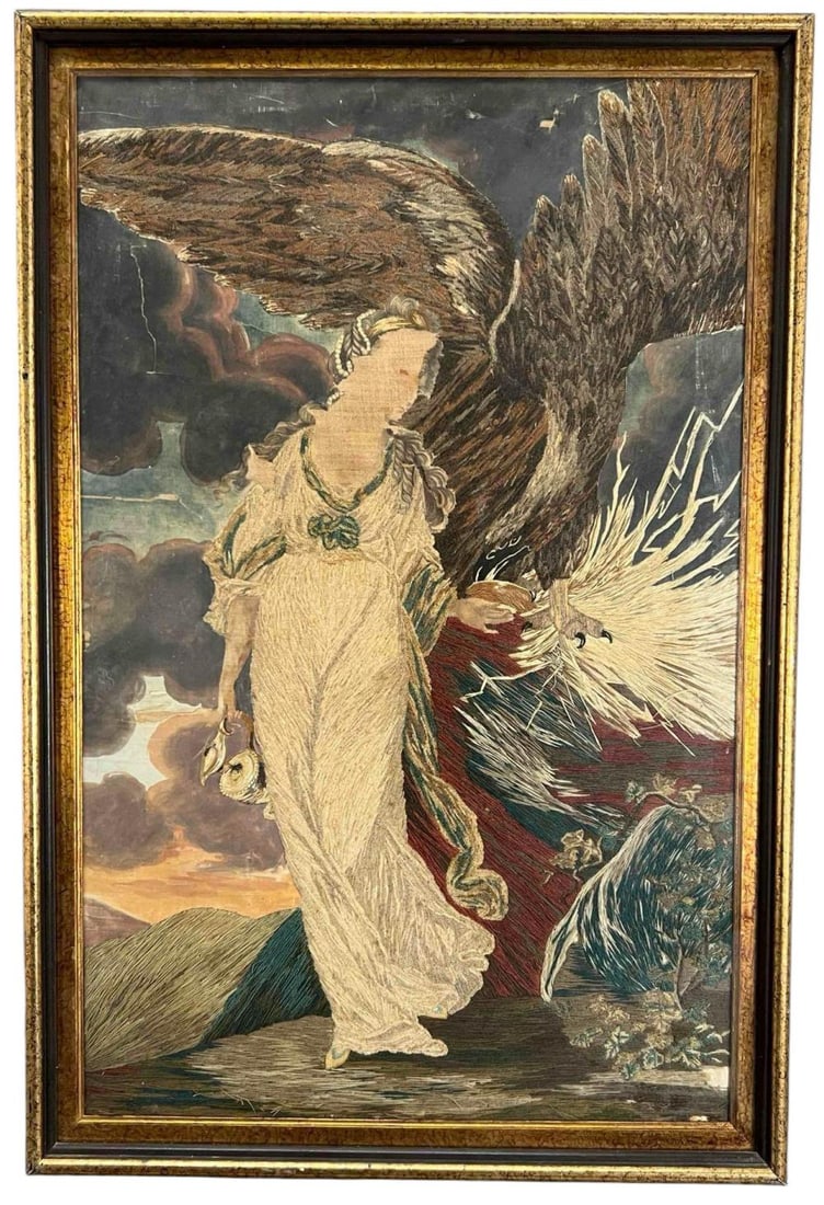 Antique Silk Emboidery, Lady Liberty With Eagle: Antique Silk Emboidery, Lady Liberty With Eagle. As framed approximately 24.75H x 16.625W x 1.125D in. Sight approximately 22.0H x 14.0W in.