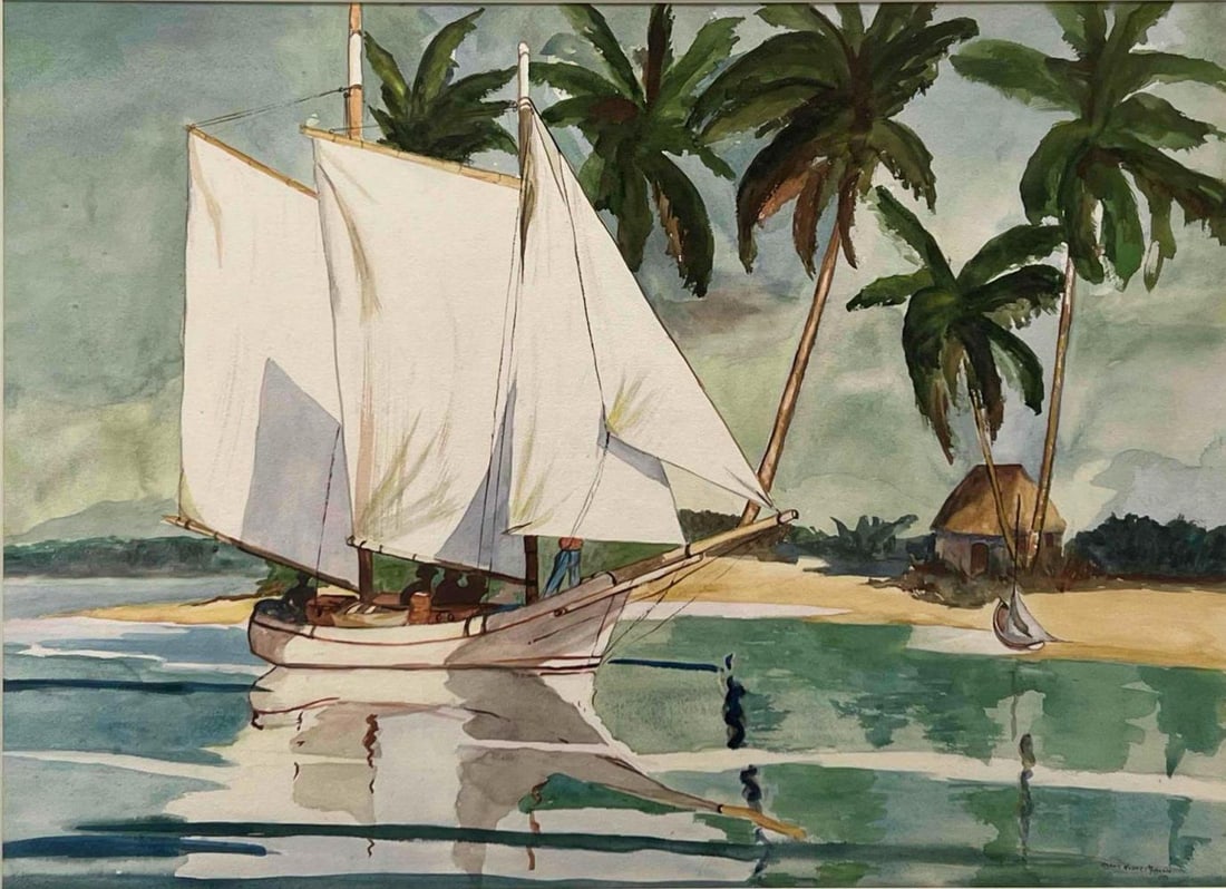 Grace Huber Morgan (American, 20th C), Tropical Seascape With Sailboat, Watercolor (1 of 11)