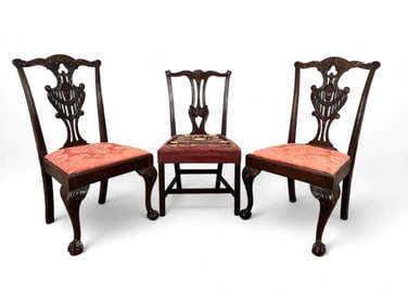 Pair of Finely Carved Antique Mahogany Chippendale Side Chairs, with Associated Smaller Side Chair,