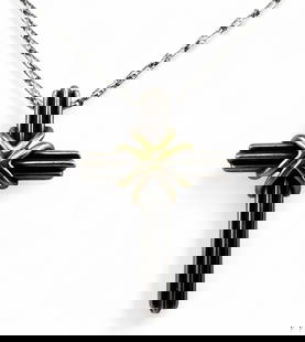 Tiffany & Co. Sterling Silver 18K Cross Pendant On Sterling Chain: Tiffany & Co. Sterling Silver 18K Cross Pendant On Sterling Chain, 10.4g total weight. Pendant marked "Tiffany & Co. .925 750." Chain marked "925 AD." Pendant approximately 1.3L x 0.87W in. Chain