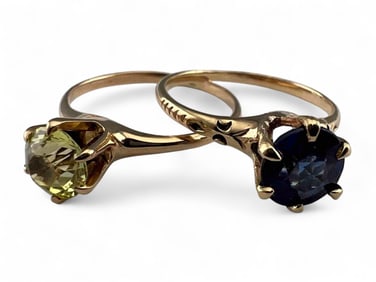 Two 10K Blue & Yellow Sapphire Solitaire Rings