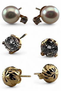 Three Pairs 14K Earrings Including Pearls: Three Pairs 14K Earrings Including Pearls, 2.6g total weight. Test as 14K. Diamond cut post earrings 7.7mm. Pearl and white sapphire earrings 9.7 x 6.7mm. CZ stud earrings 2.2mm. All measurements are