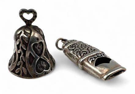 Sterling Silver Bell & Whistle Pendants: Sterling Silver Bell & Whistle Pendants, 23.9g. Marked "Sterling," 925. Bell approximately 1.125H x 1.0W in. Whistle approximately 1.5L x 0.625W in.