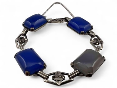 Art Deco Sterling Silver Chalcedony Stone Bracelet