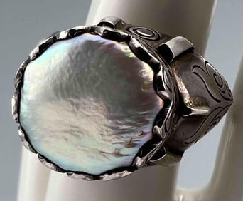 Shreve Saville Southwestern Sterling Silver Baroque Pearl Ring