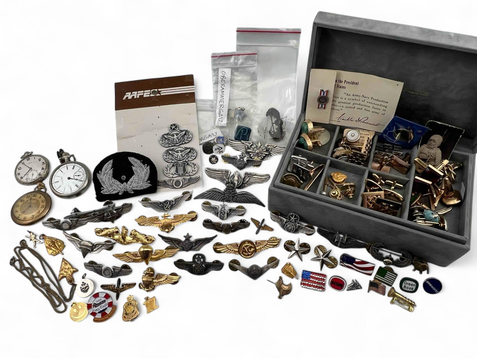 Military Badges, Pocket Watches, Cuff Links, And Tie Tacks: Lot Of Military Badges, Pocket Watches, Cuff Links, And Tie Tacks.