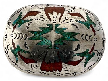 Native American Sterling Silver Turquoise Coral Micro Inlay Belt Buckle