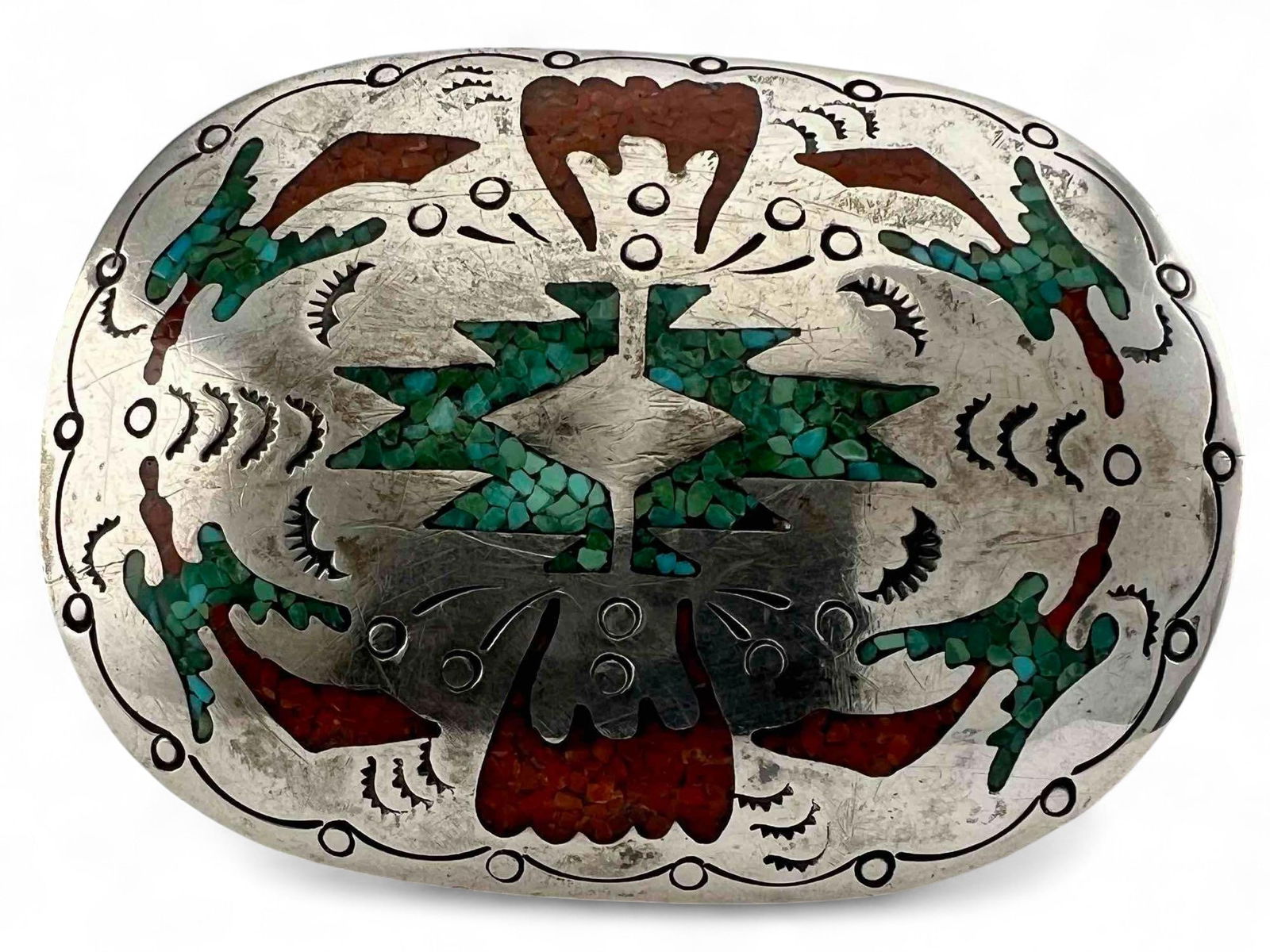 Native American Sterling Silver Turquoise Coral Micro Inlay Belt Buckle: Native American Sterling Silver Turquoise Coral Micro Inlay Belt Buckle, 32.6g. Marked "Sterling." Signed "T." Approximately 2.875L x 2.125W in.