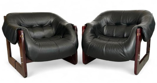 Pair Of Mid Century Perceval Lafer Leather & Rosewood Arm Chairs