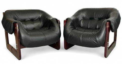 Pair Of Mid Century Perceval Lafer Leather & Rosewood Arm Chairs