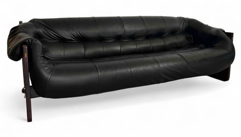 Perceval Lafer Mid Century Black Leather Rosewood Sofa