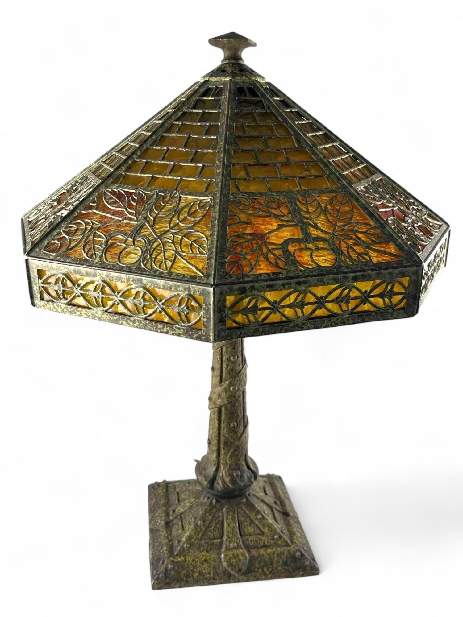 Bradley And Hubbard Arts & Crafts Slag Glass Cherry Lamp: Bradley And Hubbard Arts & Crafts Slag Glass Cherry Lamp. Approximately 26.0H x 20.0W in.
