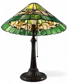 Antique Tiffany Style Stained Glass Table Lamp With Daffodil Motif