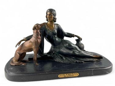 After Loyenz, Woman With Dog, Art Deco Bronze Sculpture