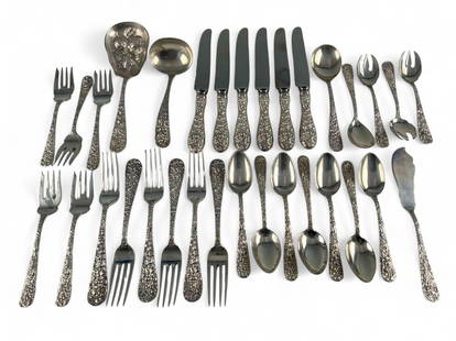 Steiff Rose Sterling Silver Flatware: Steiff Rose Sterling Silver Flatware. Weight excluding knives 1145.8g. Knives 448.3g. Marked "Steiff Sterling." Largest piece (berry spoon) approximately 8.0L x 2.5W in. Smallest pieces approximately