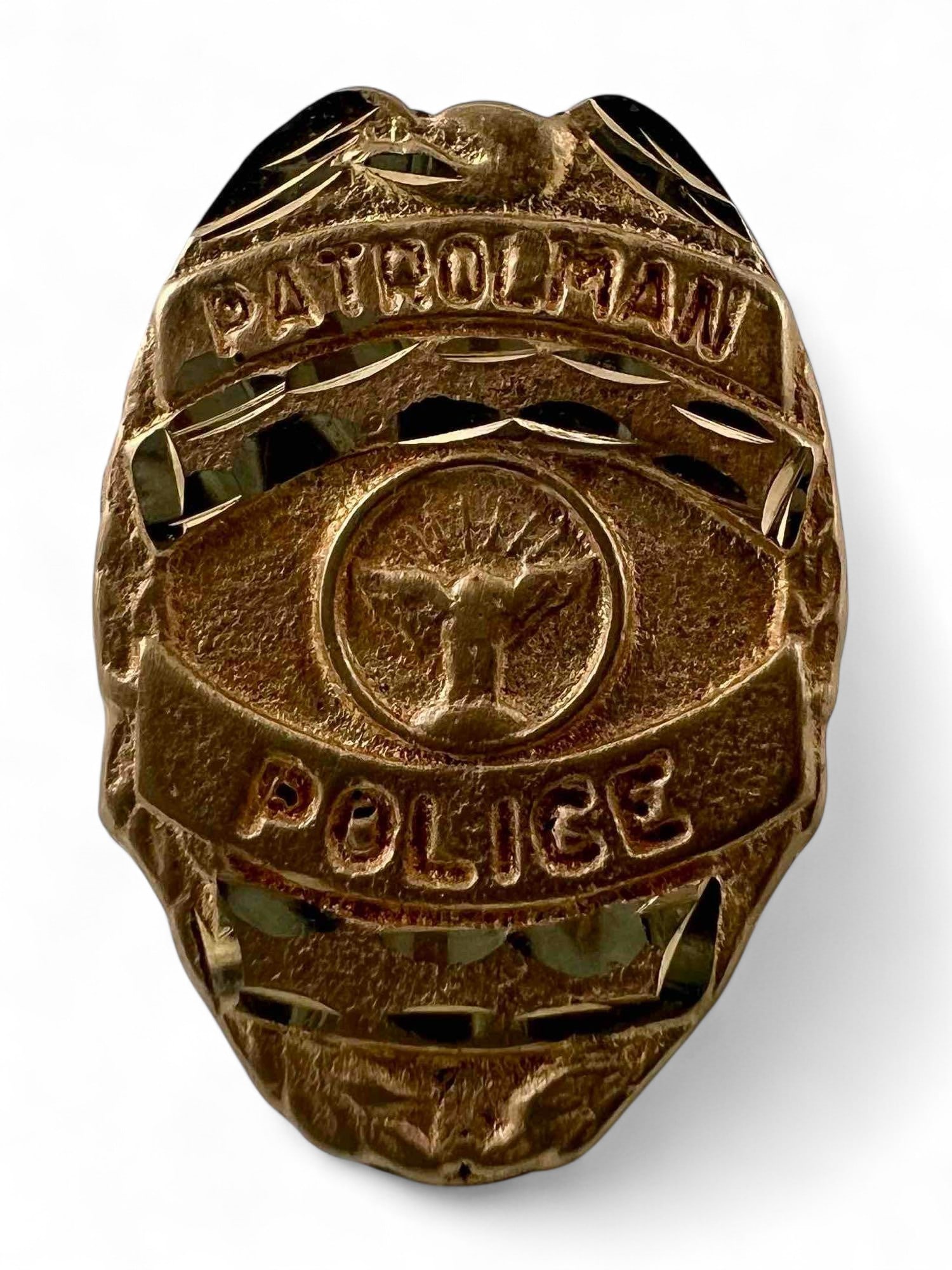 14K Police Badge Pendant: 14K Police Badge Pendant, 2.6g. Unmarked, tests as 14K. Approximately 17.6 x 11.8mm. ALL CREDIT CARDS WILL BE MANUALLY VERIFIED PRIOR TO SHIPMENT.