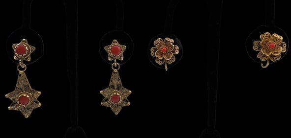 Two Pairs 10K Coral Filigree Earrings