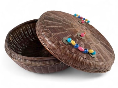 Antique Chinese Sewing Basket With Glass Bead & Coin Embellishments