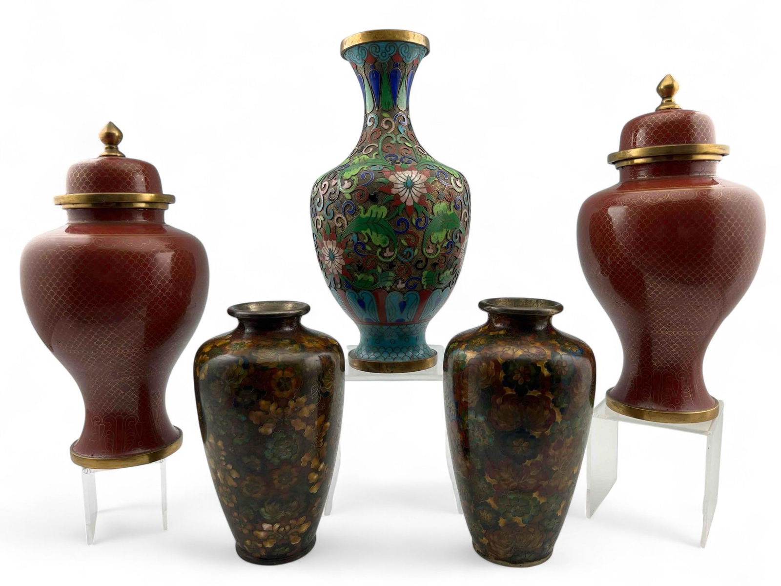 Grouping Of Chinese Cloisonné Vases & Urns: Grouping Of Chinese Cloisonné Vases & Urns. Smallest approximately 6.25H x 3.625W in. Largest approximately 9.0H x 4.5W in.