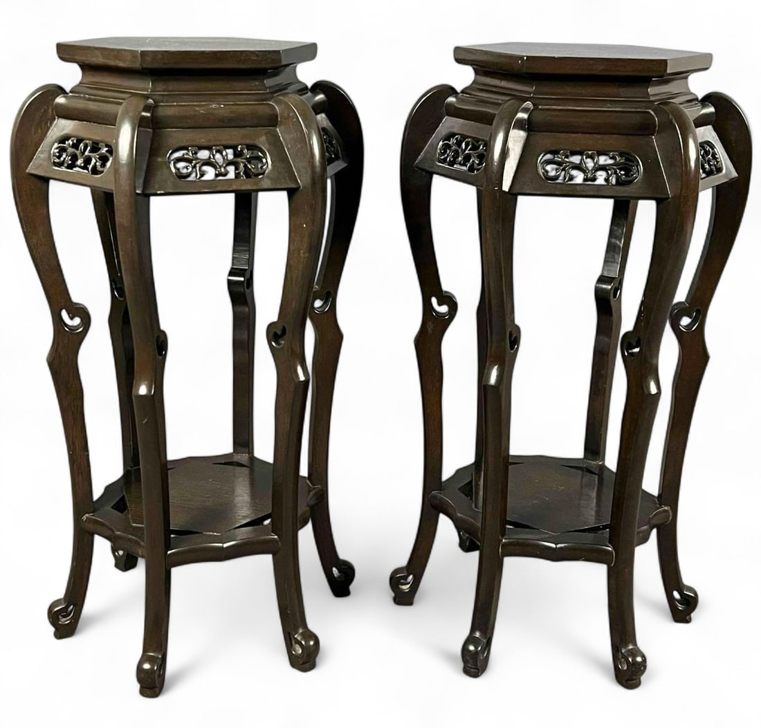 Pair Of Chinese Wood Plant Stands: Pair Of Chinese Wood Plant Stands. Each approximately 31.0H x 16.5W in. Please note that one leg is loose in attachment to piece.