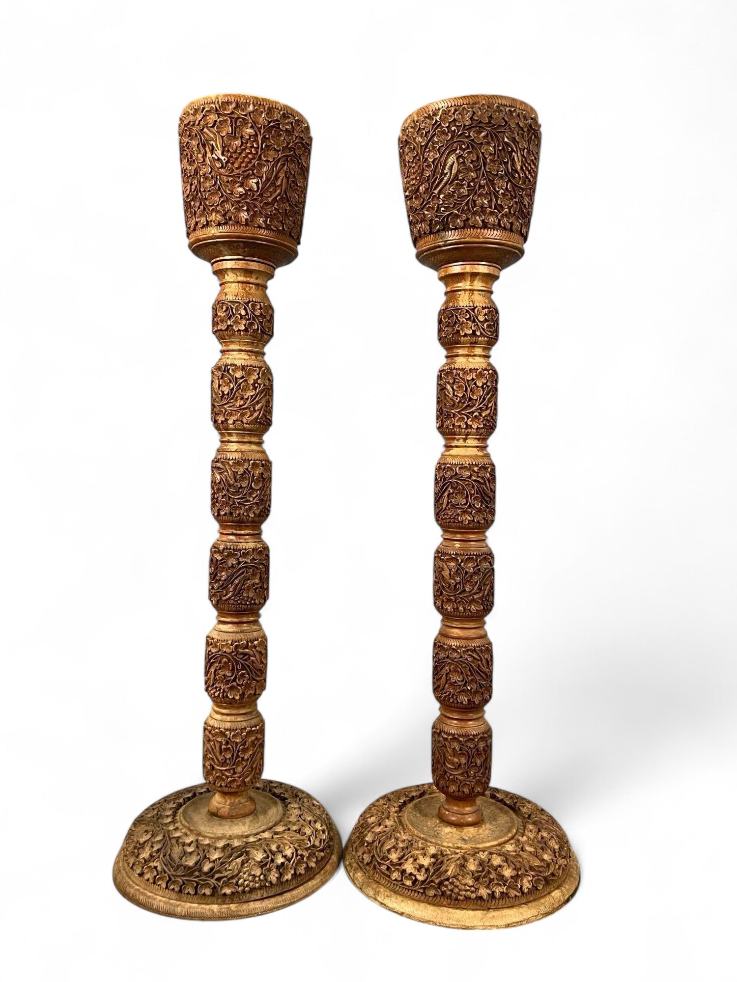 Pair Of Carved Indian Pedestal Plant Stands: Pair Of Carved Indian Pedestal Plant Stands. Approximately 43.0H x 13.375W in.