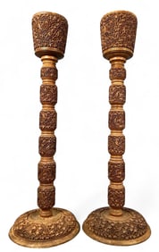 Pair Of Carved Indian Pedestal Plant Stands