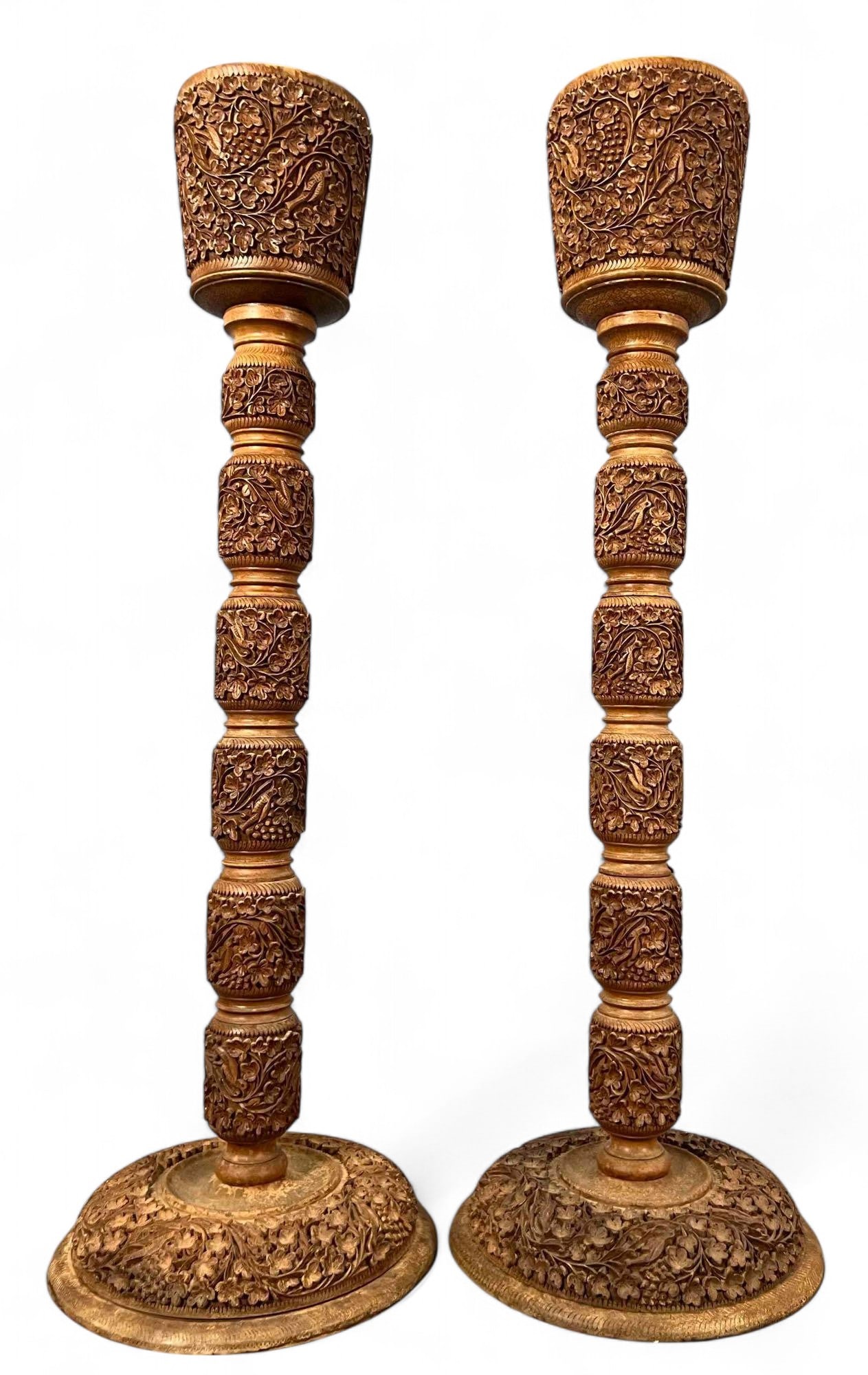 Pair Of Carved Indian Pedestal Plant Stands: Pair Of Carved Indian Pedestal Plant Stands. Approximately 43.0H x 13.375W in.