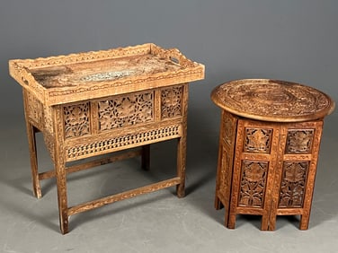 Two Carved Indian Folding Tables With Floral Designs