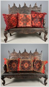 Pair Of Highly Carved Sri Lankan Teak Veranda Benches