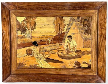 Indian Marquetry Plaque In Rosewood Frame, Village Potter
