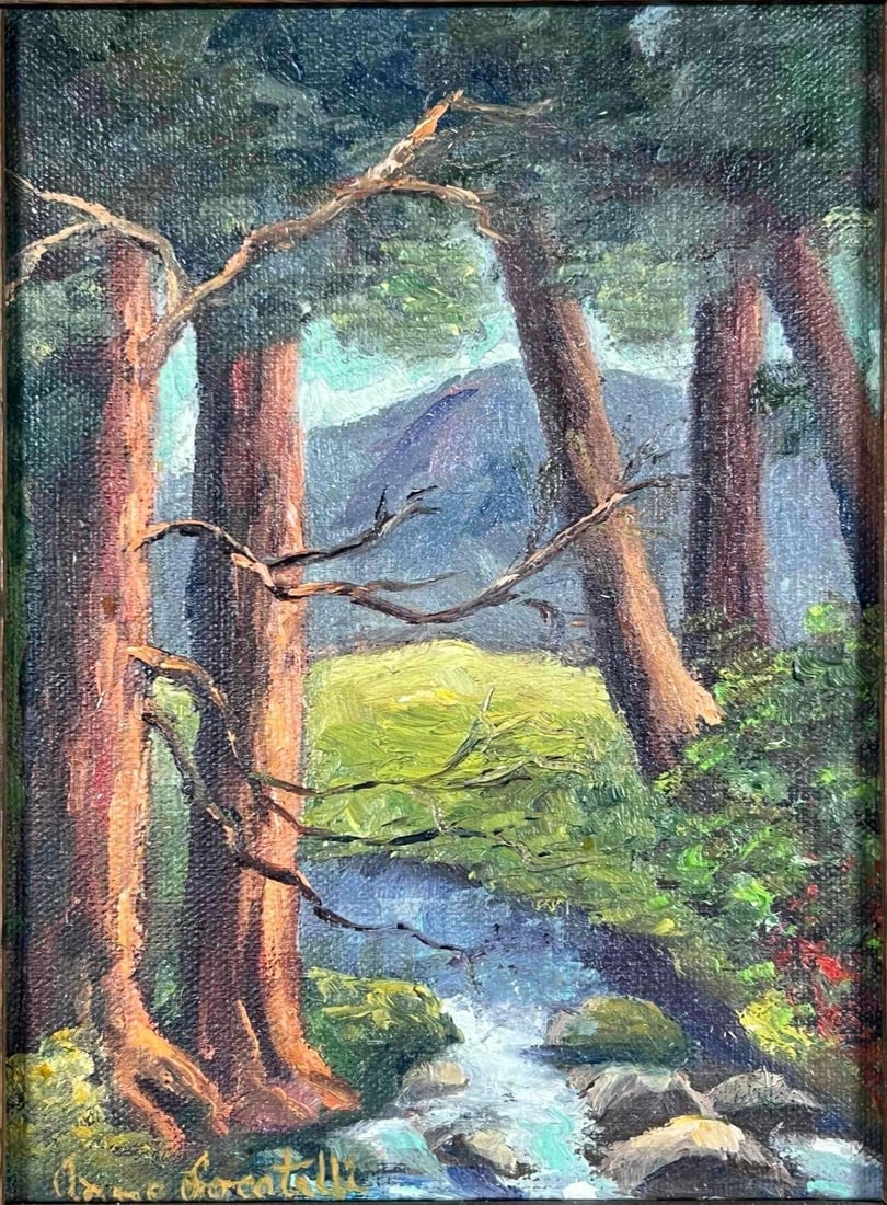 Anne Locatelli (Boulder Creek, California, 20th C.) The Redwoods, Plein Air Landscape, Oil On Canvas: Anne Locatelli (Boulder Creek, California, 20th C.), The Redwoods, Plein Air Landscape, Oil On Canvas. Signed lower left. Signed, titled, and dated on verso. Dated June 22nd, 1971. As framed approxima