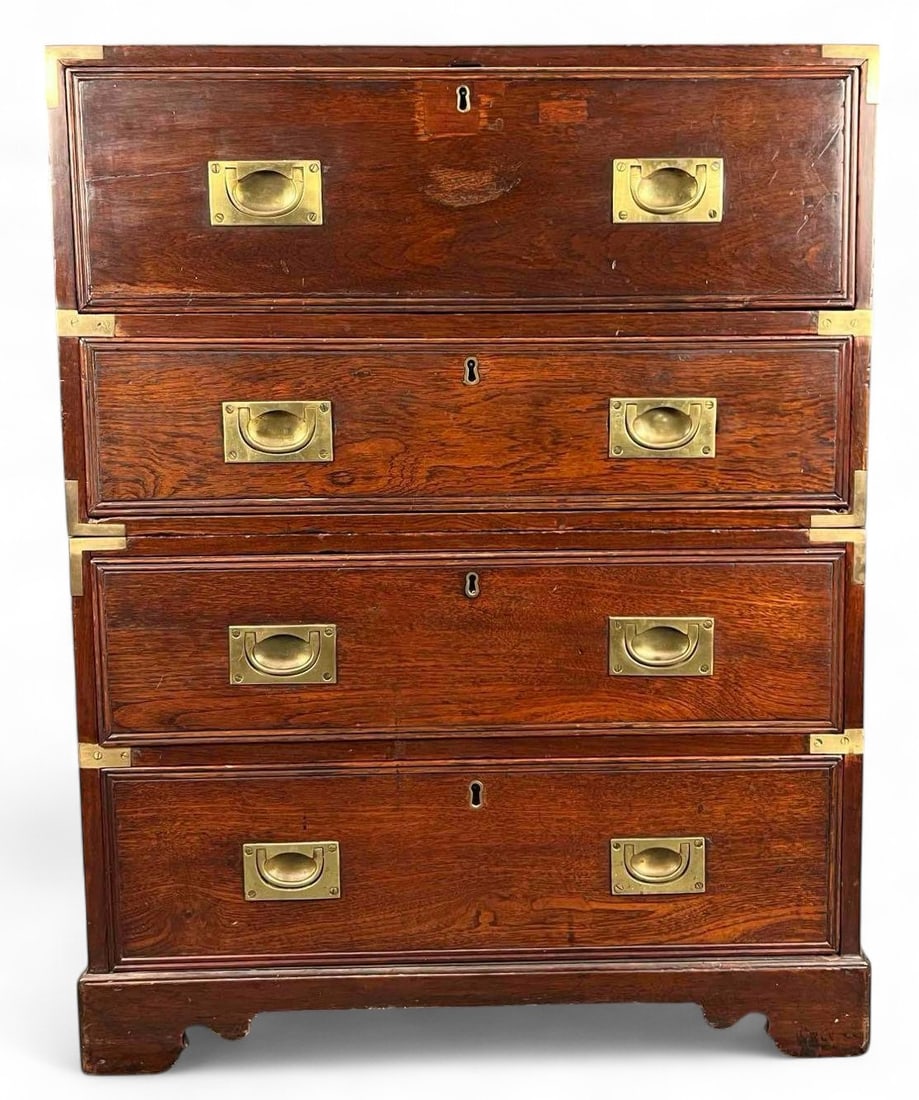 19th Century English George III Style Campaign Secretaire Chest of Drawers: 19th Century English George III Style Campaign Secretaire Chest of Drawers. Approximately 37.25H x 28.8W x 15.5D in.