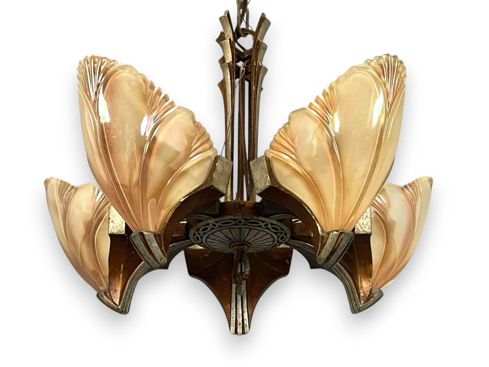 Art Deco Brass Slip Shade Chandelier: Art Deco Brass Slip Shade Chandelier. Approximately 14.5H x 18.75W in. Please note that piece is in need of rewiring.