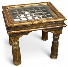 Antique Iron Window Grate In Wooden Side Table