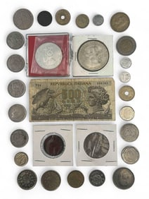 Foreign Coins & Currency, Including Mexican 1968 Silver 25 Peso Olympic Coin